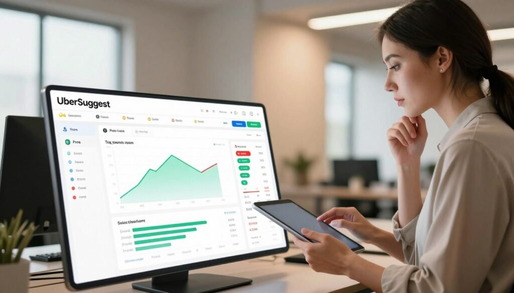 A sleek and modern SEO tool evaluation dashboard showcasing the pros and cons of UberSuggest. In the foreground, a detailed, interactive screen displays colorful graphs and charts illustrating keyword analysis results, user ratings, and features comparison, with highlighted pros in green and cons in red. In the middle, a professional businesswoman in modest casual clothing thoughtfully examines the dashboard, using a tablet for further research. In the background, a minimalistic office environment with warm lighting creates an inviting atmosphere, while large windows allow natural light to filter in. The overall mood is focused and analytical, embodying a productive workspace conducive to decision-making about SEO tools. The image adopts an angle that showcases both the dashboard details and the thoughtful expression of the subject. A sleek and modern SEO tool evaluation dashboard showcasing the pros and cons of UberSuggest. In the foreground, a detailed, interactive screen displays colorful graphs and charts illustrating keyword analysis results, user ratings, and features comparison, with highlighted pros in green and cons in red. In the middle, a professional businesswoman in modest casual clothing thoughtfully examines the dashboard, using a tablet for further research. In the background, a minimalistic office environment with warm lighting creates an inviting atmosphere, while large windows allow natural light to filter in. The overall mood is focused and analytical, embodying a productive workspace conducive to decision-making about SEO tools. The image adopts an angle that showcases both the dashboard details and the thoughtful expression of the subject.