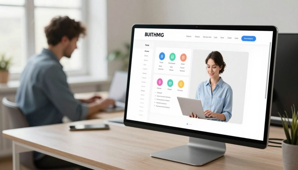 A sleek and modern website builder help and support dashboard displayed prominently in the foreground, featuring an intuitive user interface with colorful icons and helpful resources. In the middle ground, showcase a professional-looking user seated at a desk, engaged in using the dashboard on a laptop, wearing smart casual attire. The background includes a bright office space with soft natural lighting coming through large windows, creating an inviting atmosphere. The overall mood is one of support and accessibility, with a focus on user-friendly elements contributing to a sense of ease when building a website. The composition should be from a slightly elevated angle, emphasizing the dashboard while maintaining a clear view of the user. A sleek and modern website builder help and support dashboard displayed prominently in the foreground, featuring an intuitive user interface with colorful icons and helpful resources. In the middle ground, showcase a professional-looking user seated at a desk, engaged in using the dashboard on a laptop, wearing smart casual attire. The background includes a bright office space with soft natural lighting coming through large windows, creating an inviting atmosphere. The overall mood is one of support and accessibility, with a focus on user-friendly elements contributing to a sense of ease when building a website. The composition should be from a slightly elevated angle, emphasizing the dashboard while maintaining a clear view of the user.