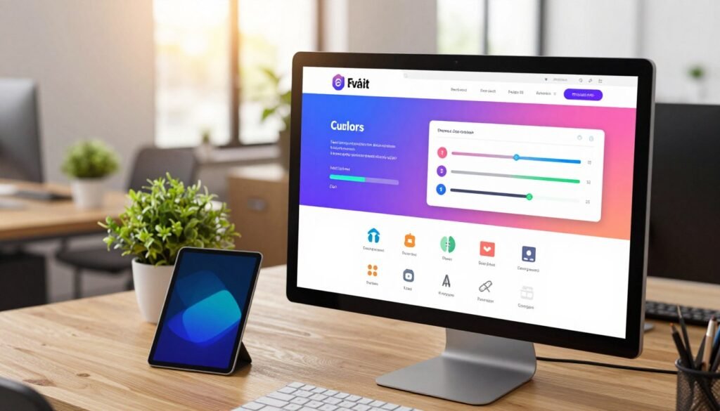 A sleek and modern website customization interface in a vibrant, tech-savvy workspace. In the foreground, a desktop monitor displays a user-friendly dashboard filled with intuitive icons and sliders for theme color selection, layout adjustments, and font changes, emphasizing the core features of web personalization. The middle ground features a stylish office environment with a stylish wooden desk, potted plants, and a digital tablet beside the monitor. In the background, large windows let in natural light, casting a warm glow that enhances the modern aesthetic. The overall mood is energetic and uplifting, suitable for showcasing digital innovation. The scene is captured from an angled perspective that showcases the interface prominently, with no text or logos present. A sleek and modern website customization interface in a vibrant, tech-savvy workspace. In the foreground, a desktop monitor displays a user-friendly dashboard filled with intuitive icons and sliders for theme color selection, layout adjustments, and font changes, emphasizing the core features of web personalization. The middle ground features a stylish office environment with a stylish wooden desk, potted plants, and a digital tablet beside the monitor. In the background, large windows let in natural light, casting a warm glow that enhances the modern aesthetic. The overall mood is energetic and uplifting, suitable for showcasing digital innovation. The scene is captured from an angled perspective that showcases the interface prominently, with no text or logos present.