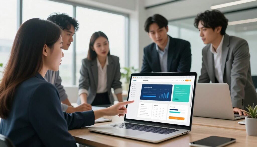 A sleek digital workspace scene depicting a professional comparison of various website builders. In the foreground, showcase a modern laptop displaying colorful, user-friendly interface designs of several website builders, including charts and metrics. The middle ground features diverse professionals (two men and one woman) in professional business attire, engaging in discussion while pointing at the laptop screen, emphasizing collaboration and insight. The background includes a minimalistic office environment with large windows allowing natural light to flood the room, creating a bright and inviting atmosphere. Use a wide-angle lens to enhance depth and provide a sense of space. The mood should be focused and productive, capturing the essence of choosing the right website builder for portfolio development. A sleek digital workspace scene depicting a professional comparison of various website builders. In the foreground, showcase a modern laptop displaying colorful, user-friendly interface designs of several website builders, including charts and metrics. The middle ground features diverse professionals (two men and one woman) in professional business attire, engaging in discussion while pointing at the laptop screen, emphasizing collaboration and insight. The background includes a minimalistic office environment with large windows allowing natural light to flood the room, creating a bright and inviting atmosphere. Use a wide-angle lens to enhance depth and provide a sense of space. The mood should be focused and productive, capturing the essence of choosing the right website builder for portfolio development.