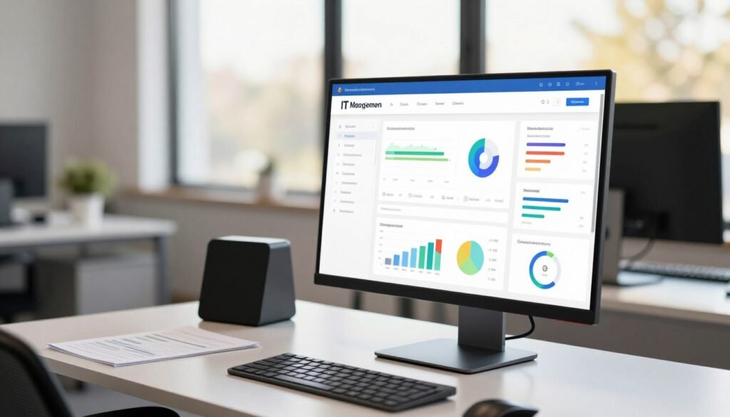 A sleek, intuitive IT management dashboard interface showcased in a modern office setting. In the foreground, a high-resolution monitor displays a colorful, user-friendly dashboard with various analytics, graphs, and real-time data metrics related to IT management. The middle layer features a minimalist desk with smart devices and organized paperwork, emphasizing a professional workspace. In the background, large windows let in soft, natural light, illuminating the room and creating a warm atmosphere. The lens captures the scene from a slightly angled perspective, providing depth and focus on the dashboard details. The overall mood conveys efficiency, clarity, and innovation, ideal for showcasing usability and onboarding experience in IT management. A sleek, intuitive IT management dashboard interface showcased in a modern office setting. In the foreground, a high-resolution monitor displays a colorful, user-friendly dashboard with various analytics, graphs, and real-time data metrics related to IT management. The middle layer features a minimalist desk with smart devices and organized paperwork, emphasizing a professional workspace. In the background, large windows let in soft, natural light, illuminating the room and creating a warm atmosphere. The lens captures the scene from a slightly angled perspective, providing depth and focus on the dashboard details. The overall mood conveys efficiency, clarity, and innovation, ideal for showcasing usability and onboarding experience in IT management.