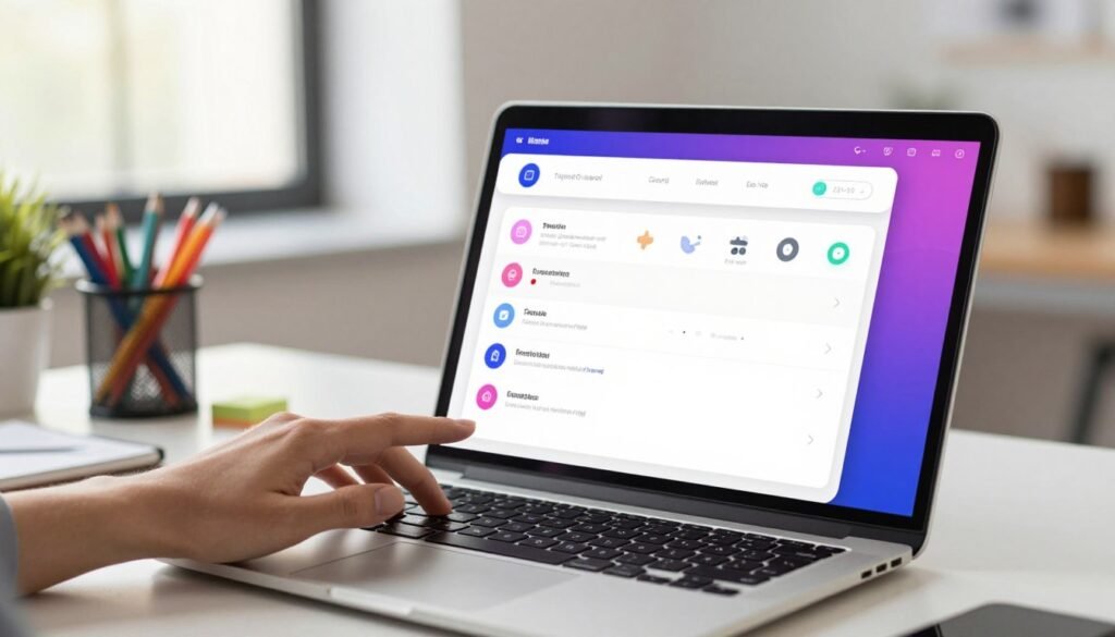 A sleek, modern app interface displayed prominently on the screen of a laptop, showcasing a user-friendly design with vibrant colors and intuitive navigation elements. In the foreground, a hand is gently interacting with the interface, demonstrating ease of use. The middle ground features an organized workspace with a clean desk and colorful stationery, enhancing the productive atmosphere. The background includes a softly blurred view of a contemporary office with natural lighting streaming in through large windows, creating a warm and inviting mood. The scene is captured from a slight angle to emphasize depth, with high-resolution clarity and soft shadows to ensure a polished, professional appearance. A sleek, modern app interface displayed prominently on the screen of a laptop, showcasing a user-friendly design with vibrant colors and intuitive navigation elements. In the foreground, a hand is gently interacting with the interface, demonstrating ease of use. The middle ground features an organized workspace with a clean desk and colorful stationery, enhancing the productive atmosphere. The background includes a softly blurred view of a contemporary office with natural lighting streaming in through large windows, creating a warm and inviting mood. The scene is captured from a slight angle to emphasize depth, with high-resolution clarity and soft shadows to ensure a polished, professional appearance.