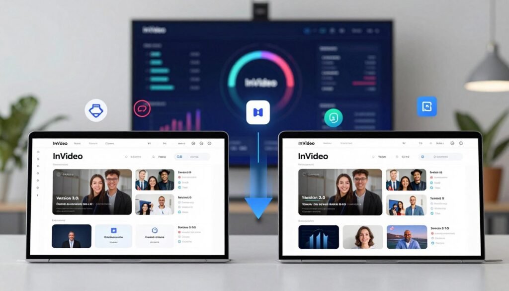A sleek, modern comparison chart displaying AI video generation technology, specifically focusing on InVideo version 3.0. In the foreground, feature side-by-side visuals of two video generation interfaces, showcasing vital differences in design and functionality. In the middle ground, add dynamic visual elements representing user engagement, like animated graphs and icons of diverse video genres. The background should feature a stylish office setting with a large screen displaying metrics and statistics, symbolizing innovation and efficiency. Utilize bright, clear lighting to convey a positive, forward-thinking atmosphere. Use a low-angle perspective to emphasize the technology's cutting-edge nature and make it feel significant. The overall mood should be optimistic and analytical, inviting viewers to explore the advancements in AI-driven video creation. A sleek, modern comparison chart displaying AI video generation technology, specifically focusing on InVideo version 3.0. In the foreground, feature side-by-side visuals of two video generation interfaces, showcasing vital differences in design and functionality. In the middle ground, add dynamic visual elements representing user engagement, like animated graphs and icons of diverse video genres. The background should feature a stylish office setting with a large screen displaying metrics and statistics, symbolizing innovation and efficiency. Utilize bright, clear lighting to convey a positive, forward-thinking atmosphere. Use a low-angle perspective to emphasize the technology's cutting-edge nature and make it feel significant. The overall mood should be optimistic and analytical, inviting viewers to explore the advancements in AI-driven video creation.