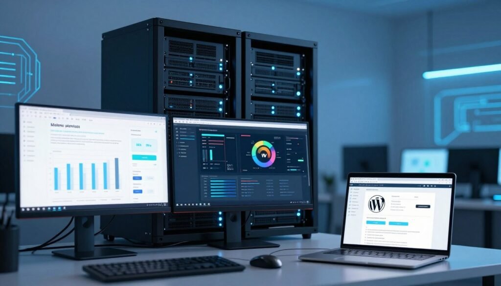 A sleek, modern digital workspace featuring a high-performance server setup dedicated to specialized hosting services. In the foreground, an organized desk with multiple monitors displaying graphs and analytics for WordPress and gaming sites. The middle ground includes a detailed server rack filled with blinking lights, symbolizing fast and secure hosting solutions. In the background, soft blue lighting creates a tech-savvy ambiance, with abstract digital patterns subtly integrated into the walls. An open laptop shows a WordPress dashboard, emphasizing user-friendly interfaces. The mood is professional and innovative, showcasing the state-of-the-art technology that supports scalable hosting solutions, appealing to tech-savvy entrepreneurs and businesses. A sleek, modern digital workspace featuring a high-performance server setup dedicated to specialized hosting services. In the foreground, an organized desk with multiple monitors displaying graphs and analytics for WordPress and gaming sites. The middle ground includes a detailed server rack filled with blinking lights, symbolizing fast and secure hosting solutions. In the background, soft blue lighting creates a tech-savvy ambiance, with abstract digital patterns subtly integrated into the walls. An open laptop shows a WordPress dashboard, emphasizing user-friendly interfaces. The mood is professional and innovative, showcasing the state-of-the-art technology that supports scalable hosting solutions, appealing to tech-savvy entrepreneurs and businesses.