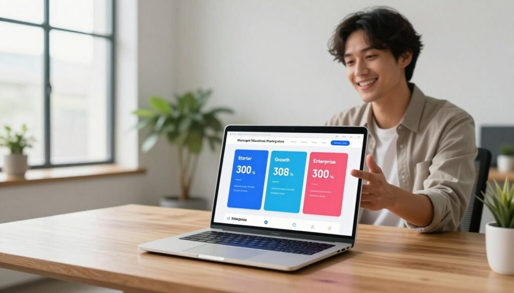 A sleek, modern digital workspace showcasing various managed WordPress hosting plans and their pricing. In the foreground, an elegant wooden table displays a high-resolution laptop screen with a vibrant webpage featuring pricing tiers like "Starter," "Growth," and "Enterprise," each with clear, appealing graphics. In the middle ground, a friendly professional, dressed in smart casual attire, gestures towards the screen, embodying an approachable yet knowledgeable vibe. The background presents a clean, minimalist office space with soft natural lighting streaming through large windows, creating a welcoming atmosphere. A few potted plants add a touch of greenery, enhancing the sense of comfort and professionalism in this technology-focused environment. A sleek, modern digital workspace showcasing various managed WordPress hosting plans and their pricing. In the foreground, an elegant wooden table displays a high-resolution laptop screen with a vibrant webpage featuring pricing tiers like "Starter," "Growth," and "Enterprise," each with clear, appealing graphics. In the middle ground, a friendly professional, dressed in smart casual attire, gestures towards the screen, embodying an approachable yet knowledgeable vibe. The background presents a clean, minimalist office space with soft natural lighting streaming through large windows, creating a welcoming atmosphere. A few potted plants add a touch of greenery, enhancing the sense of comfort and professionalism in this technology-focused environment.