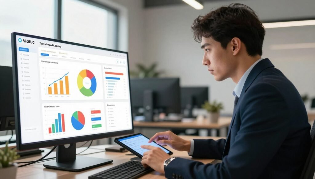 A sleek, modern website performance testing and caching dashboard displayed on a high-resolution monitor. In the foreground, vibrant graphs and colorful charts illustrate website load times, cache hit ratios, and performance metrics. The middle ground features a professional business analyst, dressed in smart casual attire, deeply focused while interacting with the dashboard, with fingers poised on a touchscreen interface. The background, a stylish office environment with minimalistic design, softly illuminated by warm, natural light streaming through a large window. A sense of productivity and innovation fills the atmosphere, with the glow from the screen reflecting on the analyst’s thoughtful expression. The image captures the essence of speed and efficiency in cloud hosting performance. A sleek, modern website performance testing and caching dashboard displayed on a high-resolution monitor. In the foreground, vibrant graphs and colorful charts illustrate website load times, cache hit ratios, and performance metrics. The middle ground features a professional business analyst, dressed in smart casual attire, deeply focused while interacting with the dashboard, with fingers poised on a touchscreen interface. The background, a stylish office environment with minimalistic design, softly illuminated by warm, natural light streaming through a large window. A sense of productivity and innovation fills the atmosphere, with the glow from the screen reflecting on the analyst’s thoughtful expression. The image captures the essence of speed and efficiency in cloud hosting performance.