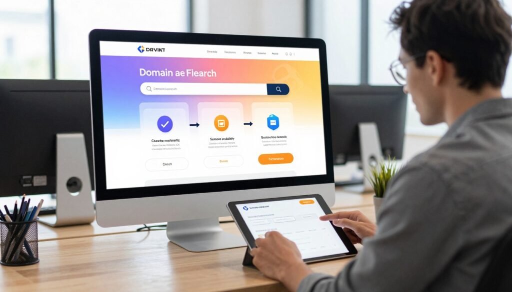 A sleek, modern workspace featuring a computer screen displaying a domain registration platform, with vibrant visuals of domain names and a progress bar indicating a search in action. In the foreground, a focused business professional in smart casual attire reviews information on a tablet. The middle layer showcases an animated workflow graphic illustrating the steps of domain search and registration, including icons for checking availability, selecting a domain, and completing the purchase. The background reveals a bright office environment with large windows allowing natural light, creating a welcoming and productive atmosphere. The image conveys a sense of efficiency and security, capturing the essence of a tech-savvy domain registration process. A sleek, modern workspace featuring a computer screen displaying a domain registration platform, with vibrant visuals of domain names and a progress bar indicating a search in action. In the foreground, a focused business professional in smart casual attire reviews information on a tablet. The middle layer showcases an animated workflow graphic illustrating the steps of domain search and registration, including icons for checking availability, selecting a domain, and completing the purchase. The background reveals a bright office environment with large windows allowing natural light, creating a welcoming and productive atmosphere. The image conveys a sense of efficiency and security, capturing the essence of a tech-savvy domain registration process.