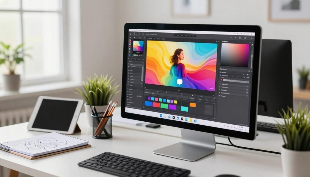 A sleek, modern workspace featuring a computer screen displaying a vibrant built-in image editor interface for social media content creation. In the foreground, the screen shows colorful editing tools and an image being edited, showcasing filters and text overlays. The middle ground includes a stylish desk cluttered with design essentials like a tablet, sketch pads, and a plant, conveying a creative atmosphere. In the background, large windows allow natural light to flood the room, enhancing the mood. The overall color palette is bright and inviting, promoting inspiration and productivity. The scene is shot from a slight angle to emphasize the user-friendly interface and the creative environment, ensuring a professional and engaging depiction of the image editor. A sleek, modern workspace featuring a computer screen displaying a vibrant built-in image editor interface for social media content creation. In the foreground, the screen shows colorful editing tools and an image being edited, showcasing filters and text overlays. The middle ground includes a stylish desk cluttered with design essentials like a tablet, sketch pads, and a plant, conveying a creative atmosphere. In the background, large windows allow natural light to flood the room, enhancing the mood. The overall color palette is bright and inviting, promoting inspiration and productivity. The scene is shot from a slight angle to emphasize the user-friendly interface and the creative environment, ensuring a professional and engaging depiction of the image editor.