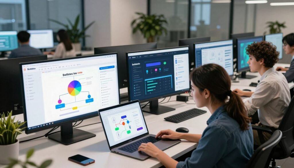 A sleek, modern workspace showcasing various real-world applications built with visual programming on Bubble.io. In the foreground, a diverse group of three professionals—two women and one man—collaborate around a high-tech laptop and a digital whiteboard displaying colorful flowcharts and interface designs. The middle ground features large screens showcasing live web applications, with user-friendly interfaces and dynamic dashboards. The background includes soft, ambient lighting that accentuates the tech-driven atmosphere, featuring contemporary office elements like plants and glass walls. The lens captures a slightly elevated angle, providing a sense of depth and focus on the professionals collaborating. The mood conveys creativity, innovation, and teamwork, highlighting the possibilities of low-code development in a vibrant, encouraging environment. A sleek, modern workspace showcasing various real-world applications built with visual programming on Bubble.io. In the foreground, a diverse group of three professionals—two women and one man—collaborate around a high-tech laptop and a digital whiteboard displaying colorful flowcharts and interface designs. The middle ground features large screens showcasing live web applications, with user-friendly interfaces and dynamic dashboards. The background includes soft, ambient lighting that accentuates the tech-driven atmosphere, featuring contemporary office elements like plants and glass walls. The lens captures a slightly elevated angle, providing a sense of depth and focus on the professionals collaborating. The mood conveys creativity, innovation, and teamwork, highlighting the possibilities of low-code development in a vibrant, encouraging environment.