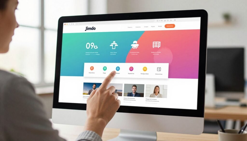 A sleek, user-friendly website builder interface displayed on a modern desktop computer screen. In the foreground, a person in professional business attire is interacting with the interface, highlighting drag-and-drop features with ease. The middle layer showcases the vibrant colors and intuitive layout of Jimdo's platform, featuring icons, templates, and customization options. The background is a softly blurred modern office setting with a bright window allowing natural light to illuminate the workspace. The overall mood is positive and inspiring, reflecting a beginner-friendly atmosphere, emphasizing accessibility and ease of use in website creation. The image should have a clean, minimalist aesthetic with a warm color palette, making it inviting and approachable. A sleek, user-friendly website builder interface displayed on a modern desktop computer screen. In the foreground, a person in professional business attire is interacting with the interface, highlighting drag-and-drop features with ease. The middle layer showcases the vibrant colors and intuitive layout of Jimdo's platform, featuring icons, templates, and customization options. The background is a softly blurred modern office setting with a bright window allowing natural light to illuminate the workspace. The overall mood is positive and inspiring, reflecting a beginner-friendly atmosphere, emphasizing accessibility and ease of use in website creation. The image should have a clean, minimalist aesthetic with a warm color palette, making it inviting and approachable.