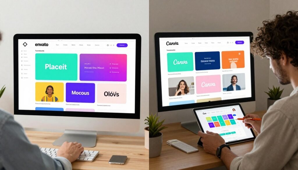 A split-screen comparison image highlighting Envato Placeit and Canva, showcasing their respective features and usability. On the left, a sleek interface of Placeit with vibrant templates for mockups and designs displayed, featuring a user in professional attire working on a laptop in a well-lit modern workspace. On the right, the Canva interface grappling with an abundance of colorful templates; show another user in casual business attire analyzing designs on a tablet in a cozy, informal setup. The background merges elements from both platforms, creating a harmonious blend of creativity. Soft natural lighting illuminates both sides, enhancing focus on the digital screens. Capture a mood of creativity and innovation, inviting viewers to consider the strengths of each design platform. A split-screen comparison image highlighting Envato Placeit and Canva, showcasing their respective features and usability. On the left, a sleek interface of Placeit with vibrant templates for mockups and designs displayed, featuring a user in professional attire working on a laptop in a well-lit modern workspace. On the right, the Canva interface grappling with an abundance of colorful templates; show another user in casual business attire analyzing designs on a tablet in a cozy, informal setup. The background merges elements from both platforms, creating a harmonious blend of creativity. Soft natural lighting illuminates both sides, enhancing focus on the digital screens. Capture a mood of creativity and innovation, inviting viewers to consider the strengths of each design platform.