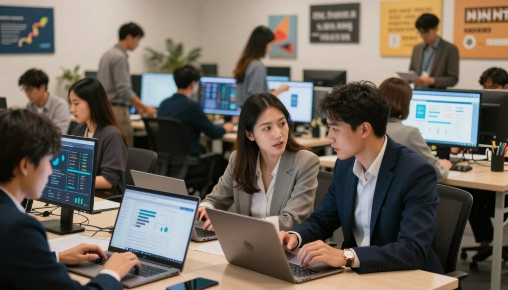 A vibrant and bustling digital marketplace scene, depicting diverse individuals engaged in the buying and selling of digital businesses on their laptops and tablets. In the foreground, a professional woman in smart business attire is discussing a digital venture with a man in a sharp suit, both focused and enthusiastic. The middle ground features multiple groups of people analyzing charts and graphics on screens, showcasing a variety of digital assets like websites, apps, and e-commerce platforms. The background presents a stylish modern office environment filled with digital artwork and motivational quotes. Soft, warm lighting creates an inviting and energetic atmosphere, emphasizing collaboration and innovation. A subtle depth of field effect highlights the main subjects while softly blurring the surroundings, giving a sense of dynamic activity. A vibrant and bustling digital marketplace scene, depicting diverse individuals engaged in the buying and selling of digital businesses on their laptops and tablets. In the foreground, a professional woman in smart business attire is discussing a digital venture with a man in a sharp suit, both focused and enthusiastic. The middle ground features multiple groups of people analyzing charts and graphics on screens, showcasing a variety of digital assets like websites, apps, and e-commerce platforms. The background presents a stylish modern office environment filled with digital artwork and motivational quotes. Soft, warm lighting creates an inviting and energetic atmosphere, emphasizing collaboration and innovation. A subtle depth of field effect highlights the main subjects while softly blurring the surroundings, giving a sense of dynamic activity.