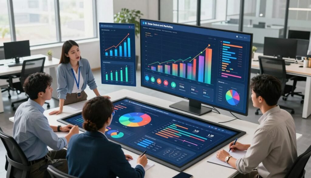 A vibrant and dynamic digital workspace showcasing the key features and functions of a sales and marketing platform. In the foreground, a diverse group of four professionals—two men and two women—are engaged in a collaborative discussion over a large interactive touchscreen table displaying analytics and marketing strategies. The middle ground is filled with floating data visualizations, charts, and graphs in vivid colors, illustrating success metrics and customer engagement. The background features a sleek, modern office environment with large windows allowing natural light to flood in, enhancing the innovative atmosphere. The overall mood is energetic and focused, symbolizing collaboration and technological advancement in marketing solutions. Use a high-angle perspective to capture the entire scene, ensuring clear visibility of the foreground activities and the engaging environment. A vibrant and dynamic digital workspace showcasing the key features and functions of a sales and marketing platform. In the foreground, a diverse group of four professionals—two men and two women—are engaged in a collaborative discussion over a large interactive touchscreen table displaying analytics and marketing strategies. The middle ground is filled with floating data visualizations, charts, and graphs in vivid colors, illustrating success metrics and customer engagement. The background features a sleek, modern office environment with large windows allowing natural light to flood in, enhancing the innovative atmosphere. The overall mood is energetic and focused, symbolizing collaboration and technological advancement in marketing solutions. Use a high-angle perspective to capture the entire scene, ensuring clear visibility of the foreground activities and the engaging environment.