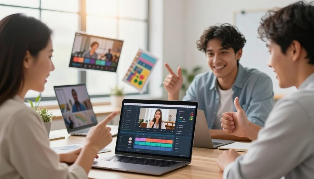 A vibrant and engaging image showcasing the user benefits of a video creation platform like Invideo. In the foreground, a diverse group of three professionals—two women and one man—successfully collaborating around a laptop displaying the dynamic interface of a video editing software. One woman makes a point with enthusiasm, while the other shows a thumbs-up, reflecting joy and satisfaction. The middle ground features flowing video clips and colorful graphics that hint at creative possibilities. In the background, a bright, modern office with large windows allows natural light to stream in, creating a warm and inviting atmosphere. The overall mood is uplifting and innovative, emphasizing teamwork and the ease of video creation. Use a slightly blurred depth of field to focus on the professionals and the laptop, giving a sense of excitement and creativity. A vibrant and engaging image showcasing the user benefits of a video creation platform like Invideo. In the foreground, a diverse group of three professionals—two women and one man—successfully collaborating around a laptop displaying the dynamic interface of a video editing software. One woman makes a point with enthusiasm, while the other shows a thumbs-up, reflecting joy and satisfaction. The middle ground features flowing video clips and colorful graphics that hint at creative possibilities. In the background, a bright, modern office with large windows allows natural light to stream in, creating a warm and inviting atmosphere. The overall mood is uplifting and innovative, emphasizing teamwork and the ease of video creation. Use a slightly blurred depth of field to focus on the professionals and the laptop, giving a sense of excitement and creativity.