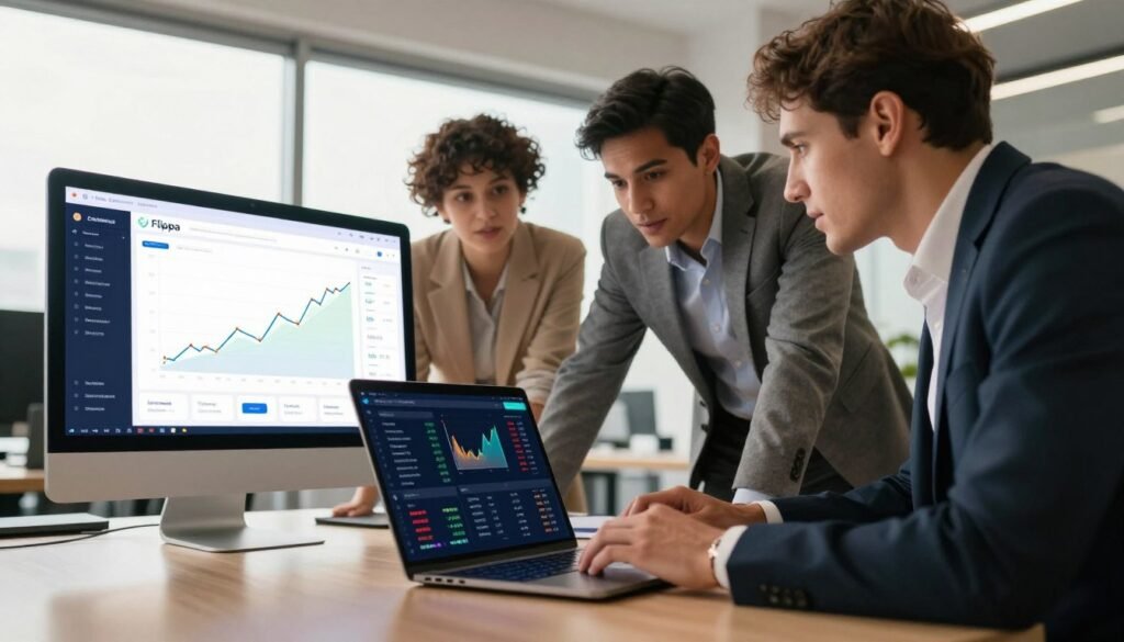 A vibrant and modern digital investment platform scene showcasing a professional workspace. In the foreground, a sleek laptop open on a polished desk displays a colorful dashboard of financial statistics and investment opportunities. A diverse group of three professionals in business attire, engaged in discussion, leans over the computer, displaying expressions of focus and collaboration. In the middle ground, a large screen presents a graph indicating growth in online business investments. The background features a bright, airy office space with large windows letting in natural light, creating an optimistic atmosphere. The lighting is warm and inviting, emphasizing the potential of digital investment. The overall mood is dynamic and forward-thinking, reflecting the excitement of exploring the world of online business investments through Flippa. A vibrant and modern digital investment platform scene showcasing a professional workspace. In the foreground, a sleek laptop open on a polished desk displays a colorful dashboard of financial statistics and investment opportunities. A diverse group of three professionals in business attire, engaged in discussion, leans over the computer, displaying expressions of focus and collaboration. In the middle ground, a large screen presents a graph indicating growth in online business investments. The background features a bright, airy office space with large windows letting in natural light, creating an optimistic atmosphere. The lighting is warm and inviting, emphasizing the potential of digital investment. The overall mood is dynamic and forward-thinking, reflecting the excitement of exploring the world of online business investments through Flippa.