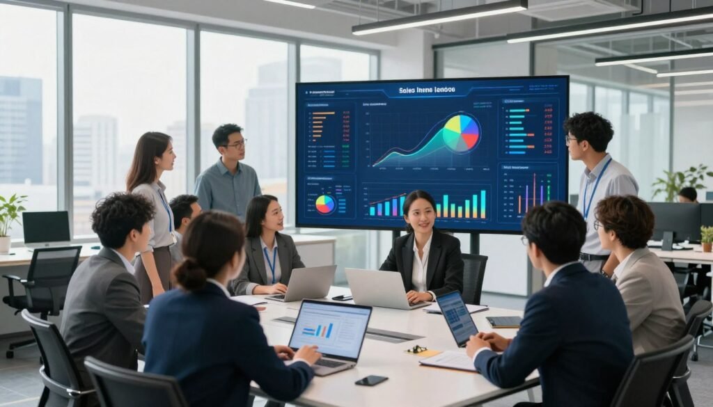 A vibrant and modern office environment illustrating data coverage and accuracy in sales intelligence. In the foreground, a diverse group of business professionals, dressed in smart business attire, are engaged in discussion around a sleek conference table, analyzing graphs and charts on a digital screen. The middle ground features advanced data visualization technology, showcasing flowing graphs and statistics with vivid colors representing accuracy, engagement, and performance metrics. In the background, large windows let in natural light, creating a bright atmosphere, while cityscape views add to the professional setting. The overall mood is collaborative and forward-thinking, emphasizing the importance of reliable data in driving successful sales strategies. Use a wide-angle lens to capture the energy and focus within the office space. A vibrant and modern office environment illustrating data coverage and accuracy in sales intelligence. In the foreground, a diverse group of business professionals, dressed in smart business attire, are engaged in discussion around a sleek conference table, analyzing graphs and charts on a digital screen. The middle ground features advanced data visualization technology, showcasing flowing graphs and statistics with vivid colors representing accuracy, engagement, and performance metrics. In the background, large windows let in natural light, creating a bright atmosphere, while cityscape views add to the professional setting. The overall mood is collaborative and forward-thinking, emphasizing the importance of reliable data in driving successful sales strategies. Use a wide-angle lens to capture the energy and focus within the office space.