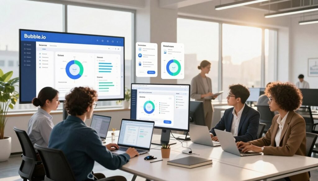 A vibrant and modern office workspace showcasing the main advantages of a visual development platform. In the foreground, diverse professionals in business attire collaborate around a sleek, high-tech table, with a large screen displaying the Bubble.io interface. In the middle, visual elements like charts, graphs, and app designs are artistically arranged, highlighting efficiency and creativity in app development. The background features large windows with natural sunlight streaming in, creating an energetic atmosphere. The scene is captured with a wide-angle lens, emphasizing openness and innovation, while warm lighting adds a friendly and inviting mood. Overall, the image reflects the excitement and possibilities of no-code application development. A vibrant and modern office workspace showcasing the main advantages of a visual development platform. In the foreground, diverse professionals in business attire collaborate around a sleek, high-tech table, with a large screen displaying the Bubble.io interface. In the middle, visual elements like charts, graphs, and app designs are artistically arranged, highlighting efficiency and creativity in app development. The background features large windows with natural sunlight streaming in, creating an energetic atmosphere. The scene is captured with a wide-angle lens, emphasizing openness and innovation, while warm lighting adds a friendly and inviting mood. Overall, the image reflects the excitement and possibilities of no-code application development.