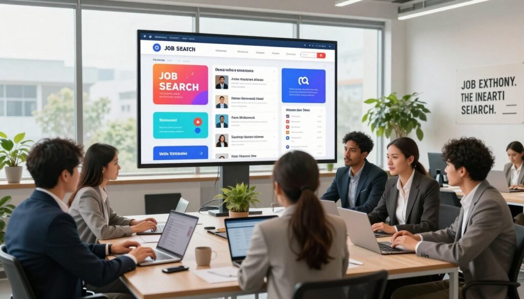 A vibrant, modern workspace environment showcasing the key features of a job search platform. In the foreground, a diverse group of professionals dressed in smart business attire are engaged in discussions and using laptops, symbolizing collaboration and productivity. In the middle ground, a large screen displays visuals of job listings, application tracking, and user analytics, each highlighted with dynamic graphics and colorful icons. The background features large windows with natural light pouring in, creating an inviting and energetic atmosphere. The space is adorned with motivational quotes and greenery, adding a touch of inspiration. The overall mood should be optimistic and forward-thinking, emphasizing innovation in job searching. Use a wide angle lens to capture the entire scene effectively. A vibrant, modern workspace environment showcasing the key features of a job search platform. In the foreground, a diverse group of professionals dressed in smart business attire are engaged in discussions and using laptops, symbolizing collaboration and productivity. In the middle ground, a large screen displays visuals of job listings, application tracking, and user analytics, each highlighted with dynamic graphics and colorful icons. The background features large windows with natural light pouring in, creating an inviting and energetic atmosphere. The space is adorned with motivational quotes and greenery, adding a touch of inspiration. The overall mood should be optimistic and forward-thinking, emphasizing innovation in job searching. Use a wide angle lens to capture the entire scene effectively.
