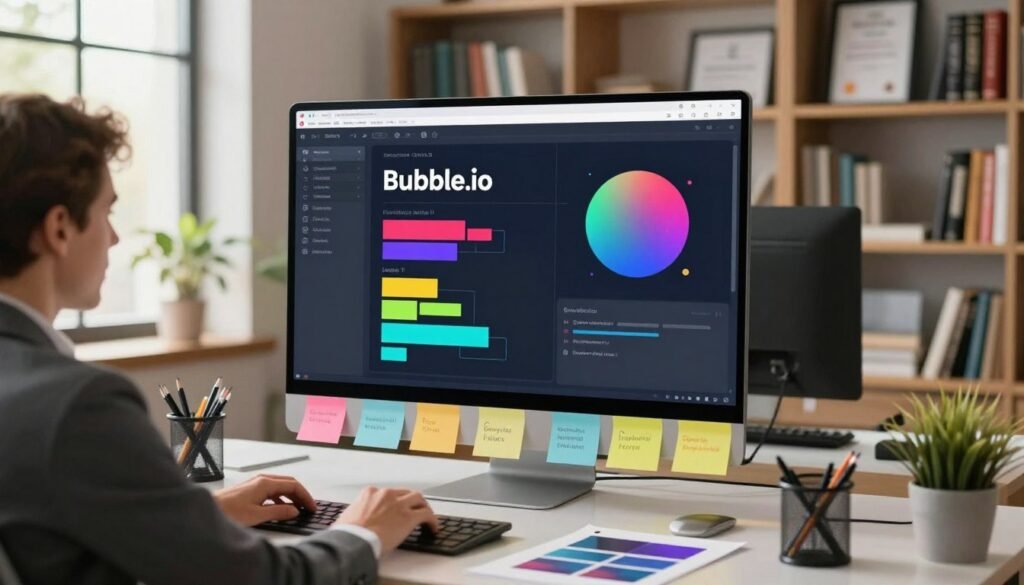 A vibrant, modern workspace featuring a visual programming editor interface on a large computer screen. In the foreground, a focused professional in business attire, typing at a sleek desk filled with colorful post-it notes and design mockups. The middle layer showcases the computer interface with interactive elements like drag-and-drop features, visually organized blocks, and a colorful bubble environment to represent Bubble.io. The background includes bookshelves filled with programming books and framed certifications, along with a window showing a bright, sunny day outside, casting soft natural light into the room. The overall mood is inspiring and productive, emphasizing creativity and innovation in web app development. A vibrant, modern workspace featuring a visual programming editor interface on a large computer screen. In the foreground, a focused professional in business attire, typing at a sleek desk filled with colorful post-it notes and design mockups. The middle layer showcases the computer interface with interactive elements like drag-and-drop features, visually organized blocks, and a colorful bubble environment to represent Bubble.io. The background includes bookshelves filled with programming books and framed certifications, along with a window showing a bright, sunny day outside, casting soft natural light into the room. The overall mood is inspiring and productive, emphasizing creativity and innovation in web app development.