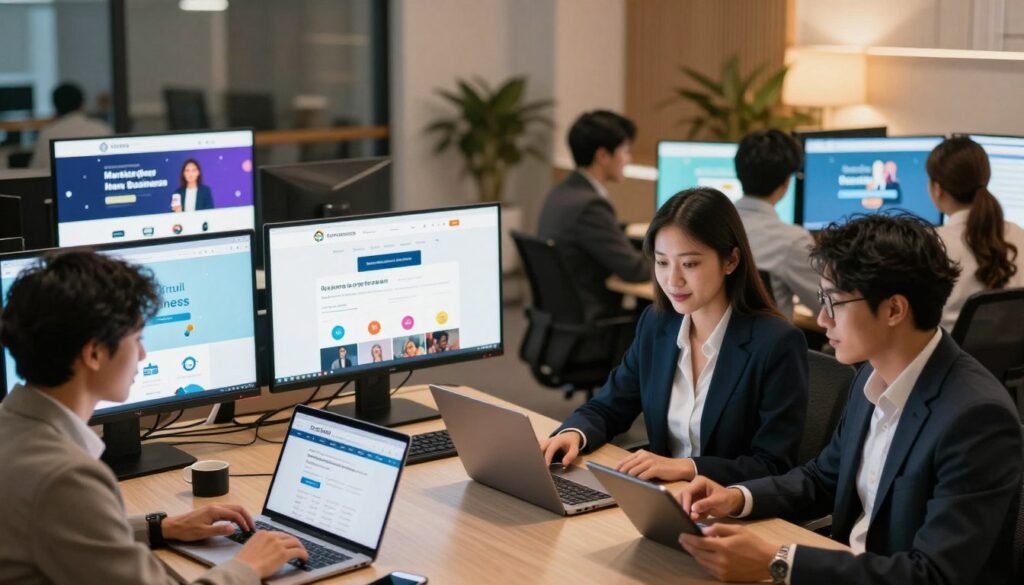 A visually appealing composition showcasing various types of digital businesses available for purchase. In the foreground, a diverse group of entrepreneurs in professional attire examines laptops and tablets, engaged in discussions about e-commerce, online courses, and mobile app development. The middle ground features vibrant digital screens highlighting websites for sale, with icons representing different business categories like blogs, marketplaces, and subscription services. In the background, a modern office environment with soft ambient lighting, creating a warm, inviting atmosphere. The angle is slightly elevated, providing a comprehensive view of the interaction among the entrepreneurs. The overall mood is dynamic and optimistic, reflecting opportunities in the digital marketplace. A visually appealing composition showcasing various types of digital businesses available for purchase. In the foreground, a diverse group of entrepreneurs in professional attire examines laptops and tablets, engaged in discussions about e-commerce, online courses, and mobile app development. The middle ground features vibrant digital screens highlighting websites for sale, with icons representing different business categories like blogs, marketplaces, and subscription services. In the background, a modern office environment with soft ambient lighting, creating a warm, inviting atmosphere. The angle is slightly elevated, providing a comprehensive view of the interaction among the entrepreneurs. The overall mood is dynamic and optimistic, reflecting opportunities in the digital marketplace.