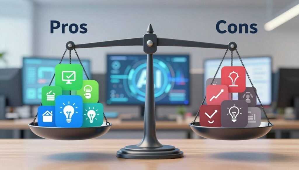 A visually balanced pros and cons assessment illustration, divided into two distinct sections. In the foreground, a sleek digital scale with one side labeled "Pros" filled with bright icons representing benefits like productivity, efficiency, and innovation—vivid colors like green and blue. The other side labeled "Cons" with darker icons depicting challenges like complexity and learning curve in muted tones of red and grey. In the middle ground, an abstract representation of a workspace with computers and AI-related imagery blending into the background, symbolizing technology integration. Soft, diffused lighting enhances a professional atmosphere, while a shallow depth of field focuses on the scale. The overall mood conveys careful evaluation and thoughtful consideration. A visually balanced pros and cons assessment illustration, divided into two distinct sections. In the foreground, a sleek digital scale with one side labeled "Pros" filled with bright icons representing benefits like productivity, efficiency, and innovation—vivid colors like green and blue. The other side labeled "Cons" with darker icons depicting challenges like complexity and learning curve in muted tones of red and grey. In the middle ground, an abstract representation of a workspace with computers and AI-related imagery blending into the background, symbolizing technology integration. Soft, diffused lighting enhances a professional atmosphere, while a shallow depth of field focuses on the scale. The overall mood conveys careful evaluation and thoughtful consideration.