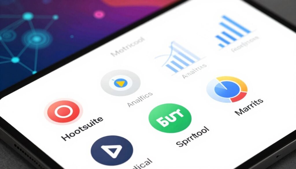 A visually engaging comparison chart illustrating various social media management alternatives to Metricool. In the foreground, feature modern icons of popular tools like Hootsuite, Buffer, and Sprout Social, arranged in a polished, user-friendly layout. The middle section includes a subtle infographic style, with bars or pie charts showcasing key features such as analytics, scheduling, and collaboration. The background embraces a vibrant, tech-inspired environment, incorporating abstract digital patterns that hint at connectivity and engagement. Use soft, bright lighting to create an inviting atmosphere, with a slightly angled top-down perspective. The overall mood should be innovative and professional, reflecting a comprehensive comparison of social media management solutions, while retaining clarity and visual appeal. A visually engaging comparison chart illustrating various social media management alternatives to Metricool. In the foreground, feature modern icons of popular tools like Hootsuite, Buffer, and Sprout Social, arranged in a polished, user-friendly layout. The middle section includes a subtle infographic style, with bars or pie charts showcasing key features such as analytics, scheduling, and collaboration. The background embraces a vibrant, tech-inspired environment, incorporating abstract digital patterns that hint at connectivity and engagement. Use soft, bright lighting to create an inviting atmosphere, with a slightly angled top-down perspective. The overall mood should be innovative and professional, reflecting a comprehensive comparison of social media management solutions, while retaining clarity and visual appeal.