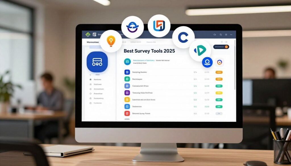 A visually engaging comparison of the best survey tools in 2025, featuring icons or logos of alternative survey platforms surrounding a central, sleek comparison chart. In the foreground, a professional-looking computer monitor displays the chart with different features and ratings. In the middle, various survey tool logos are artistically arranged in a circular fashion, symbolizing competitiveness and variety. The background is a soft-focus office environment, suggesting productivity and modern technology, with warm, ambient lighting to create an inviting atmosphere. The image should have a balanced composition, capturing a sense of clarity and professionalism, with a modern aesthetic that resonates with business and tech-savvy audiences. A visually engaging comparison of the best survey tools in 2025, featuring icons or logos of alternative survey platforms surrounding a central, sleek comparison chart. In the foreground, a professional-looking computer monitor displays the chart with different features and ratings. In the middle, various survey tool logos are artistically arranged in a circular fashion, symbolizing competitiveness and variety. The background is a soft-focus office environment, suggesting productivity and modern technology, with warm, ambient lighting to create an inviting atmosphere. The image should have a balanced composition, capturing a sense of clarity and professionalism, with a modern aesthetic that resonates with business and tech-savvy audiences.