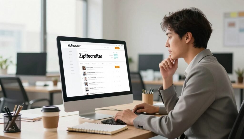 A visually engaging digital workspace showcasing a computer screen with the ZipRecruiter website open in a sleek, modern office environment. Foreground features a confident job seeker in smart business attire, focused on the screen, analyzing job listings with a thoughtful expression. The middle ground includes a stylish desk with a laptop, notepads, and a coffee cup, symbolizing productivity. In the background, there are large windows letting in ample natural light, enhancing the bright and motivating atmosphere. Use a warm color palette to promote positivity and action. The camera angle should be slightly tilted to capture the energy of the scene, with a slight depth of field to emphasize the job search process. No text or logos in the image. A visually engaging digital workspace showcasing a computer screen with the ZipRecruiter website open in a sleek, modern office environment. Foreground features a confident job seeker in smart business attire, focused on the screen, analyzing job listings with a thoughtful expression. The middle ground includes a stylish desk with a laptop, notepads, and a coffee cup, symbolizing productivity. In the background, there are large windows letting in ample natural light, enhancing the bright and motivating atmosphere. Use a warm color palette to promote positivity and action. The camera angle should be slightly tilted to capture the energy of the scene, with a slight depth of field to emphasize the job search process. No text or logos in the image.