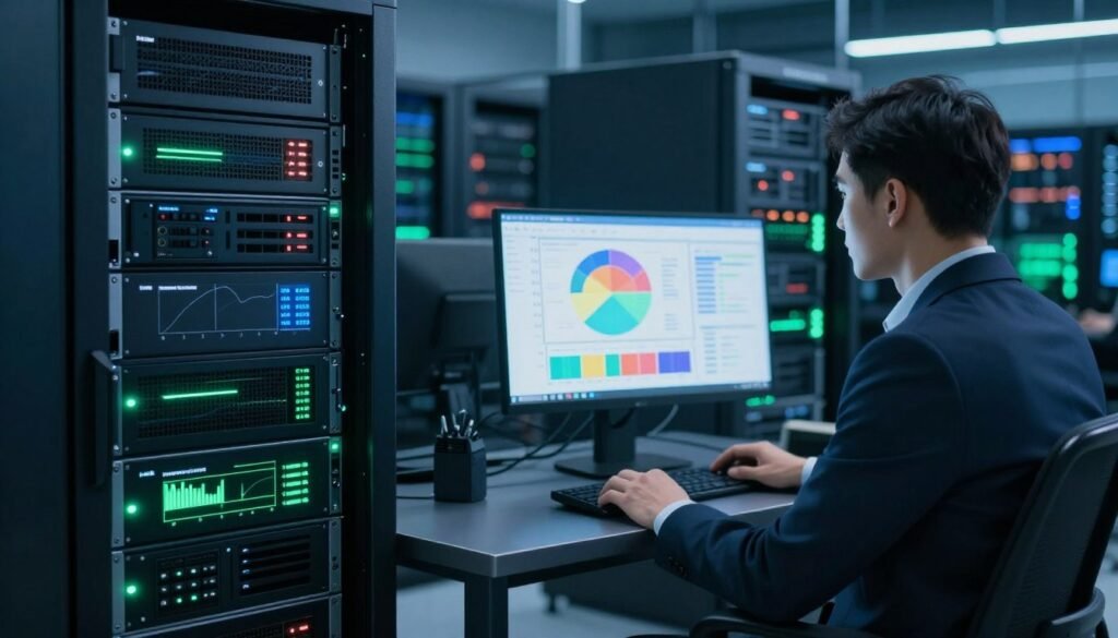 A visually engaging representation of server response times stress test performance, showcasing a bustling data center. In the foreground, a sleek server rack with blinking lights and digital displays, indicating various metrics like response times and load percentages. In the middle ground, a professional in business attire monitors a computer screen displaying colorful graphs and charts related to performance metrics, embodying focus and engagement. The background features rows of servers with subtle ambient lighting that creates a tech-savvy atmosphere, conveying a sense of reliability and speed. The scene is illuminated with cool blue and green tones, enhancing the modern, high-tech environment. The angle captures the depth of the data center and the complexity of server management, emphasizing performance analysis in a dynamic setting. A visually engaging representation of server response times stress test performance, showcasing a bustling data center. In the foreground, a sleek server rack with blinking lights and digital displays, indicating various metrics like response times and load percentages. In the middle ground, a professional in business attire monitors a computer screen displaying colorful graphs and charts related to performance metrics, embodying focus and engagement. The background features rows of servers with subtle ambient lighting that creates a tech-savvy atmosphere, conveying a sense of reliability and speed. The scene is illuminated with cool blue and green tones, enhancing the modern, high-tech environment. The angle captures the depth of the data center and the complexity of server management, emphasizing performance analysis in a dynamic setting.