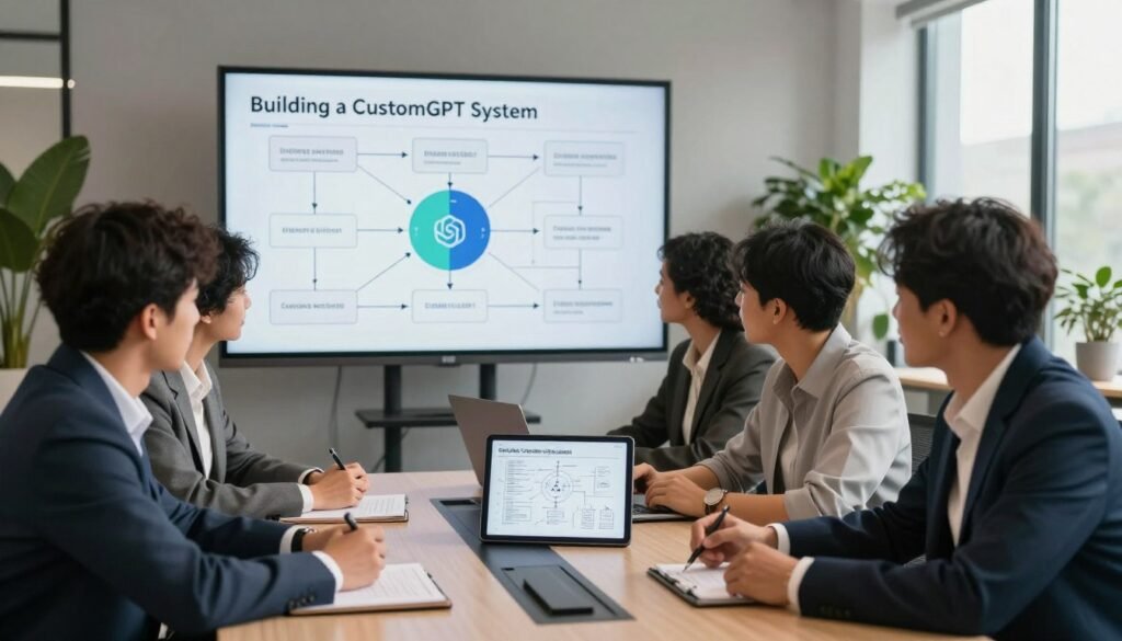 A visually engaging step-by-step guide on building a CustomGPT system, set in a modern office environment. In the foreground, a diverse group of professionals of various ethnicities, dressed in smart business attire, are gathered around a sleek conference table, reviewing a digital blueprint displayed on a tablet. The middle ground features a large digital screen displaying flowcharts and diagrams related to AI customization processes. The background showcases contemporary office decor, with potted plants and large windows letting in natural light, creating a bright and inspiring atmosphere. The mood is collaborative and innovative, emphasizing teamwork and creativity in developing tailored AI solutions. The lighting is warm and inviting, with a focus on soft shadows to enhance the professional setting. A visually engaging step-by-step guide on building a CustomGPT system, set in a modern office environment. In the foreground, a diverse group of professionals of various ethnicities, dressed in smart business attire, are gathered around a sleek conference table, reviewing a digital blueprint displayed on a tablet. The middle ground features a large digital screen displaying flowcharts and diagrams related to AI customization processes. The background showcases contemporary office decor, with potted plants and large windows letting in natural light, creating a bright and inspiring atmosphere. The mood is collaborative and innovative, emphasizing teamwork and creativity in developing tailored AI solutions. The lighting is warm and inviting, with a focus on soft shadows to enhance the professional setting.