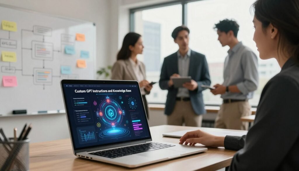A visually engaging workspace showcasing "Custom GPT Instructions and Knowledge Base." In the foreground, a sleek, modern laptop displays a dynamic interface illustrating AI instructions and a glowing digital knowledge base, with colorful graphs and algorithms. To the left, a thoughtfully designed whiteboard filled with brainstorming notes and flowcharts, emphasizing a collaborative atmosphere. In the middle ground, a professional, diverse team of three individuals, dressed in smart business attire, are actively discussing the concepts, highlighting engagement and collaboration. The background features large windows that allow natural light to flood in, creating an inviting ambiance, with a cityscape view. Use a warm color palette to convey innovation and professionalism, with soft focus elements to enhance depth. The overall mood should evoke curiosity and a sense of advanced technology in enterprise solutions. A visually engaging workspace showcasing "Custom GPT Instructions and Knowledge Base." In the foreground, a sleek, modern laptop displays a dynamic interface illustrating AI instructions and a glowing digital knowledge base, with colorful graphs and algorithms. To the left, a thoughtfully designed whiteboard filled with brainstorming notes and flowcharts, emphasizing a collaborative atmosphere. In the middle ground, a professional, diverse team of three individuals, dressed in smart business attire, are actively discussing the concepts, highlighting engagement and collaboration. The background features large windows that allow natural light to flood in, creating an inviting ambiance, with a cityscape view. Use a warm color palette to convey innovation and professionalism, with soft focus elements to enhance depth. The overall mood should evoke curiosity and a sense of advanced technology in enterprise solutions.