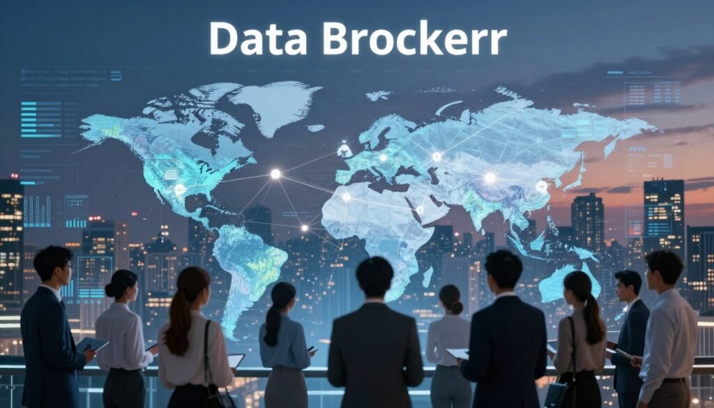 A visually striking illustration of data broker coverage, showcasing a vibrant digital landscape. In the foreground, depict a diverse group of professionals in business attire, analyzing a detailed map filled with data nodes and connections. In the middle ground, the map transitions into a high-tech interface displaying various data points and analytics, emphasizing coverage areas. The background features a city skyline at dusk, symbolizing the vast reach of data brokers. Soft, ambient lighting creates a thoughtful atmosphere, while the use of a wide-angle lens provides depth. The overall mood conveys a sense of urgency and importance in understanding data transparency and privacy. A visually striking illustration of data broker coverage, showcasing a vibrant digital landscape. In the foreground, depict a diverse group of professionals in business attire, analyzing a detailed map filled with data nodes and connections. In the middle ground, the map transitions into a high-tech interface displaying various data points and analytics, emphasizing coverage areas. The background features a city skyline at dusk, symbolizing the vast reach of data brokers. Soft, ambient lighting creates a thoughtful atmosphere, while the use of a wide-angle lens provides depth. The overall mood conveys a sense of urgency and importance in understanding data transparency and privacy.