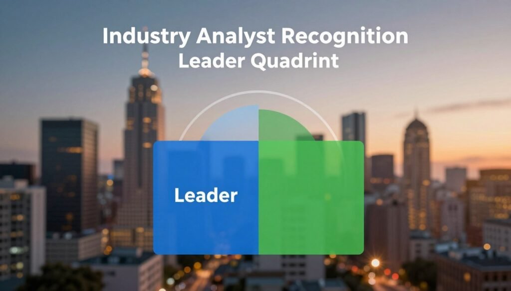 A visually striking representation of an "Industry Analyst Recognition Leader Quadrant" chart. In the foreground, a sleek, modern quadrant graphic is presented, with one quadrant prominently labeled "Leader" in a bold, vibrant color palette of blues and greens. The middle ground features abstract shapes and curves symbolizing technological advancement and innovation. In the background, a blurred, cityscape skyline at dusk is illuminated by soft, ambient lights, creating a professional and aspirational atmosphere. The overall mood is one of confidence and achievement, suitable for a corporate context. The lighting is warm and inviting, with a slight lens flare effect to enhance the depth. No people are included in the image. A visually striking representation of an "Industry Analyst Recognition Leader Quadrant" chart. In the foreground, a sleek, modern quadrant graphic is presented, with one quadrant prominently labeled "Leader" in a bold, vibrant color palette of blues and greens. The middle ground features abstract shapes and curves symbolizing technological advancement and innovation. In the background, a blurred, cityscape skyline at dusk is illuminated by soft, ambient lights, creating a professional and aspirational atmosphere. The overall mood is one of confidence and achievement, suitable for a corporate context. The lighting is warm and inviting, with a slight lens flare effect to enhance the depth. No people are included in the image.
