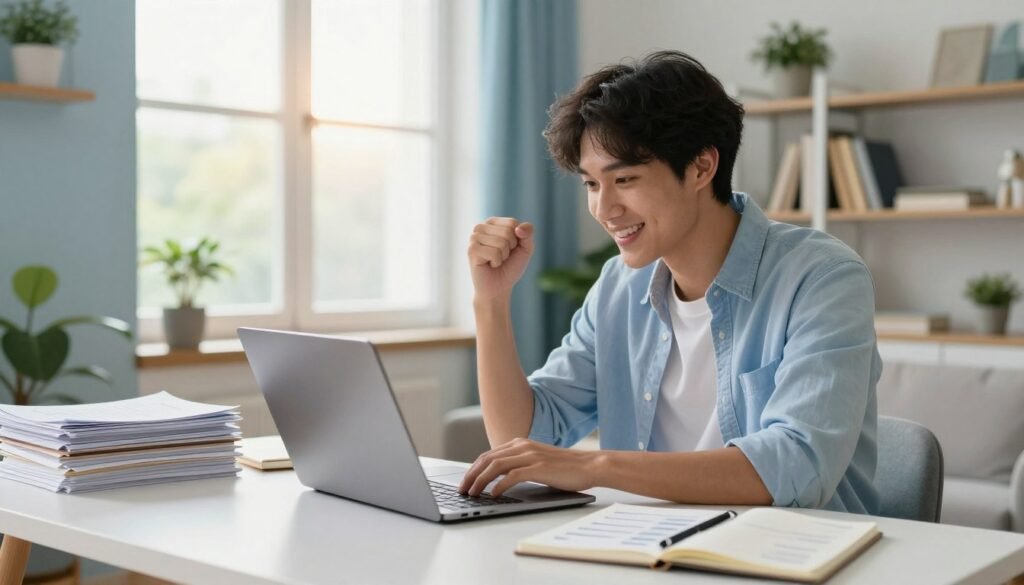 A young professional enthusiastically researching job opportunities on a laptop in a cozy, modern home office. In the foreground, a neatly organized desk with a laptop open to the ZipRecruiter website, stacks of resumes, and a notepad filled with notes. The middle ground features a large window letting in warm, natural light, illuminating the room's soft color palette of light blues and whites. In the background, shelves filled with books and plants create a welcoming ambiance. The scene is well-lit, emulating a hopeful and motivated atmosphere, with the angle slightly angled to capture both the individual’s focused expression and the inviting workspace. No people are depicted, ensuring a universal representation of the job search journey. A young professional enthusiastically researching job opportunities on a laptop in a cozy, modern home office. In the foreground, a neatly organized desk with a laptop open to the ZipRecruiter website, stacks of resumes, and a notepad filled with notes. The middle ground features a large window letting in warm, natural light, illuminating the room's soft color palette of light blues and whites. In the background, shelves filled with books and plants create a welcoming ambiance. The scene is well-lit, emulating a hopeful and motivated atmosphere, with the angle slightly angled to capture both the individual’s focused expression and the inviting workspace. No people are depicted, ensuring a universal representation of the job search journey.