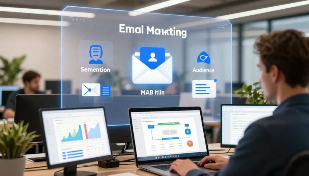 An artistic representation of email marketing features for ConvertKit, showcasing an office environment with a sleek, modern design. In the foreground, a professional looking at multiple digital devices displaying key features such as analytics graphs, automation workflow charts, and subscriber engagement metrics. The middle section features a large, transparent screen with eye-catching icons representing segmentation, A/B testing, and audience insights. The background shows a vibrant office space with plants and subtle ambient lighting, creating a productive and inspiring atmosphere. The focus is on clarity, professionalism, and an innovative spirit, all while ensuring a luminous glow illuminates the space, inviting creativity and efficiency. An artistic representation of email marketing features for ConvertKit, showcasing an office environment with a sleek, modern design. In the foreground, a professional looking at multiple digital devices displaying key features such as analytics graphs, automation workflow charts, and subscriber engagement metrics. The middle section features a large, transparent screen with eye-catching icons representing segmentation, A/B testing, and audience insights. The background shows a vibrant office space with plants and subtle ambient lighting, creating a productive and inspiring atmosphere. The focus is on clarity, professionalism, and an innovative spirit, all while ensuring a luminous glow illuminates the space, inviting creativity and efficiency.