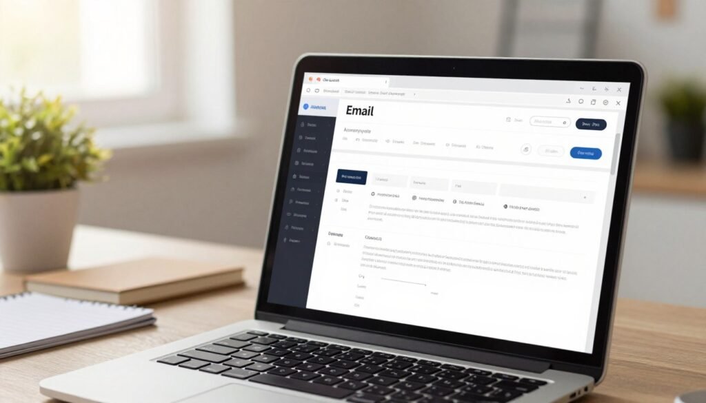 An elegant, modern email editor interface displayed on a computer screen, surrounded by tools and elements that highlight usability and design simplicity. The foreground features a sleek laptop with a clear view of a user-friendly email composition window, showcasing stylish text formatting options and drag-and-drop elements for visuals. In the middle ground, a well-organized workspace includes stationery and a plant for a touch of freshness. The background is softly blurred, evoking a clean, professional office atmosphere with warm, natural light streaming through a window, enhancing the mood of creativity and productivity. The overall feel is inviting and inspiring, perfect for illustrating the balance of simplicity and design in email management. No text or captions present. An elegant, modern email editor interface displayed on a computer screen, surrounded by tools and elements that highlight usability and design simplicity. The foreground features a sleek laptop with a clear view of a user-friendly email composition window, showcasing stylish text formatting options and drag-and-drop elements for visuals. In the middle ground, a well-organized workspace includes stationery and a plant for a touch of freshness. The background is softly blurred, evoking a clean, professional office atmosphere with warm, natural light streaming through a window, enhancing the mood of creativity and productivity. The overall feel is inviting and inspiring, perfect for illustrating the balance of simplicity and design in email management. No text or captions present.