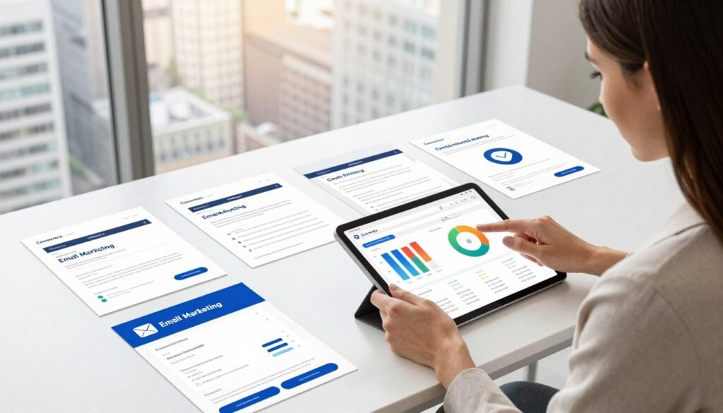 An elegant workspace showcasing a comparison of email marketing platforms, focusing on ConvertKit's advantages. In the foreground, a professional woman in modest business attire is analyzing a digital tablet displaying vibrant charts and graphs, symbolizing email campaign analytics. In the middle, a sleek, modern desk covered with high-quality branded brochures of various email marketing tools, encapsulating their distinct features. The background features a soft-focus cityscape through large windows, creating a bright, inviting light that adds a sense of optimism and professionalism. The overall atmosphere is one of productivity and clarity, with a focus on innovative marketing solutions. The scene is well-lit, emphasizing the details and making the products stand out, captured from an elevated angle for a dynamic perspective. An elegant workspace showcasing a comparison of email marketing platforms, focusing on ConvertKit's advantages. In the foreground, a professional woman in modest business attire is analyzing a digital tablet displaying vibrant charts and graphs, symbolizing email campaign analytics. In the middle, a sleek, modern desk covered with high-quality branded brochures of various email marketing tools, encapsulating their distinct features. The background features a soft-focus cityscape through large windows, creating a bright, inviting light that adds a sense of optimism and professionalism. The overall atmosphere is one of productivity and clarity, with a focus on innovative marketing solutions. The scene is well-lit, emphasizing the details and making the products stand out, captured from an elevated angle for a dynamic perspective.