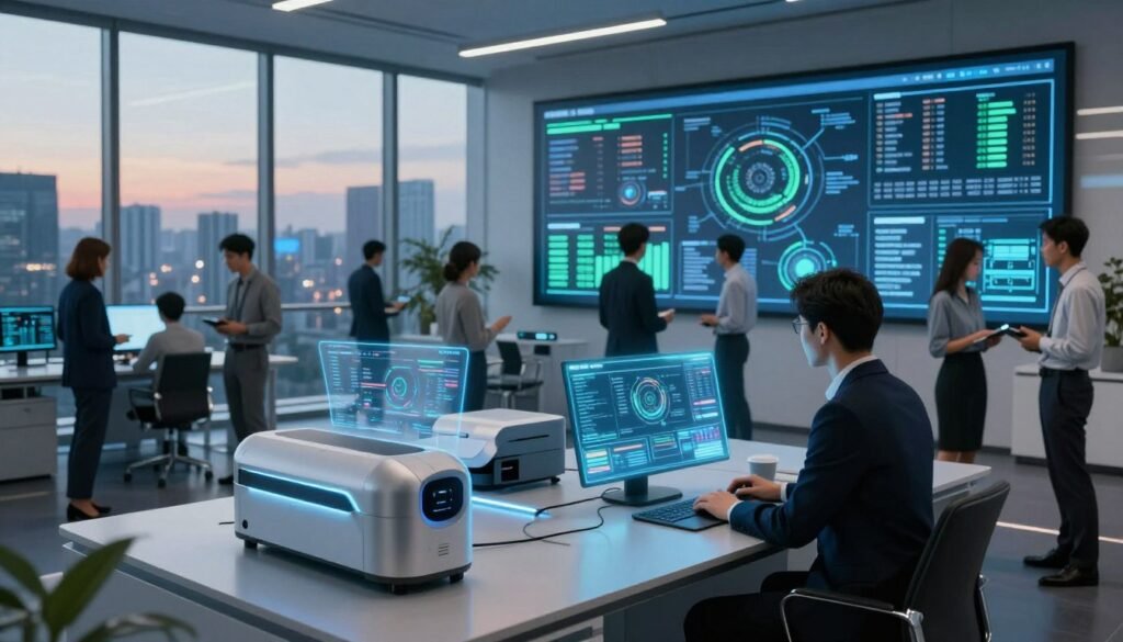 Futuristic office space showcasing advanced data collection tools automation. In the foreground, sleek digital devices with holographic displays exhibit live data streams and analytics, surrounded by business professionals in smart attire, collaborating and analyzing the information. In the middle ground, a large interactive dashboard projects real-time data visualizations, illuminated by soft blue and green lights that enhance a high-tech atmosphere. The background features floor-to-ceiling windows revealing a city skyline under a twilight sky, adding a sense of innovation and modernity. The overall mood is focused and dynamic, with a hint of excitement about the future of data technology. The angle is slightly elevated, capturing the busy yet organized environment. Futuristic office space showcasing advanced data collection tools automation. In the foreground, sleek digital devices with holographic displays exhibit live data streams and analytics, surrounded by business professionals in smart attire, collaborating and analyzing the information. In the middle ground, a large interactive dashboard projects real-time data visualizations, illuminated by soft blue and green lights that enhance a high-tech atmosphere. The background features floor-to-ceiling windows revealing a city skyline under a twilight sky, adding a sense of innovation and modernity. The overall mood is focused and dynamic, with a hint of excitement about the future of data technology. The angle is slightly elevated, capturing the busy yet organized environment.
