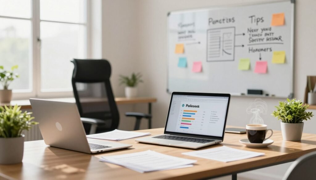 A bright, modern home office scene illustrating key takeaways for remote workers. In the foreground, a stylish desk with a laptop open, various documents scattered, and a steaming cup of coffee. A plant adds a touch of greenery. In the middle background, a comfortable ergonomic chair and a whiteboard filled with colorful notes and diagrams on productivity tips and remote work best practices. The background features soft natural light coming through large windows, creating an inviting and focused atmosphere. Capture the essence of professionalism and motivation, conveying a sense of organization and clarity. Use a wide-angle lens to enhance depth and create an airy feel to the space, focusing on the interplay of light and shadow for a warm, encouraging vibe. A bright, modern home office scene illustrating key takeaways for remote workers. In the foreground, a stylish desk with a laptop open, various documents scattered, and a steaming cup of coffee. A plant adds a touch of greenery. In the middle background, a comfortable ergonomic chair and a whiteboard filled with colorful notes and diagrams on productivity tips and remote work best practices. The background features soft natural light coming through large windows, creating an inviting and focused atmosphere. Capture the essence of professionalism and motivation, conveying a sense of organization and clarity. Use a wide-angle lens to enhance depth and create an airy feel to the space, focusing on the interplay of light and shadow for a warm, encouraging vibe.