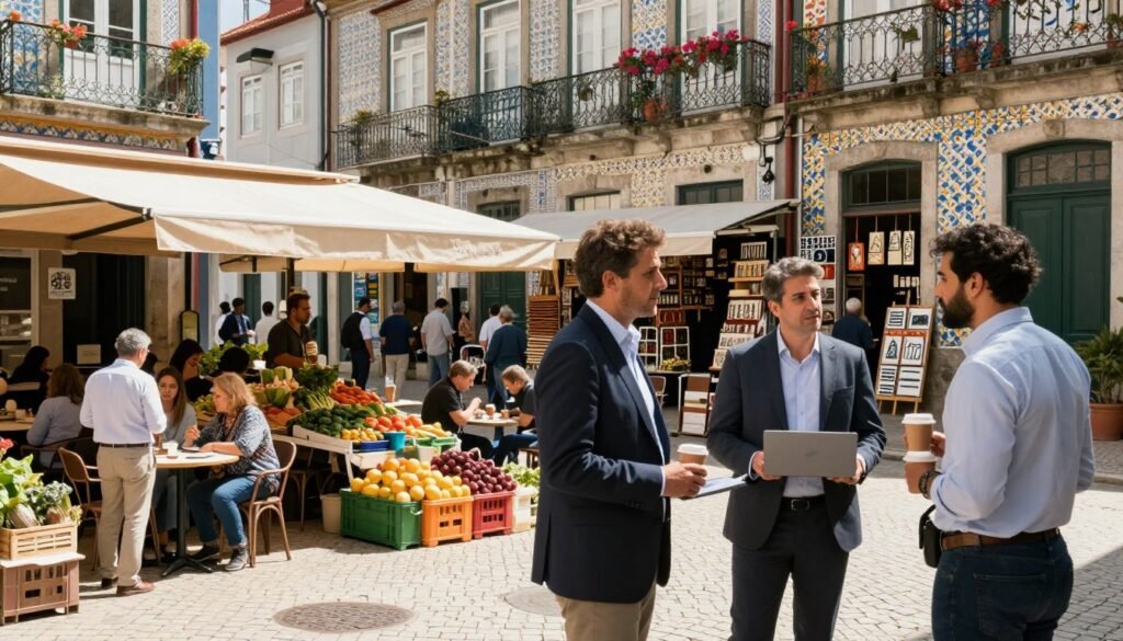 A bustling street scene in Portugal, showcasing a vibrant economy. In the foreground, diverse professionals in business attire engage in animated discussions, holding laptops and coffee. The middle ground features cafés bustling with people, outdoor markets filled with fresh produce, and art shops displaying local crafts. In the background, picturesque architecture typical of Portuguese towns, with colorful tiles and balconies adorned with flowers. Bright, natural sunlight filters through the scene, casting lively shadows. The angle captures a slight upward tilt, emphasizing the dynamic energy of the environment. The overall mood is optimistic and inviting, reflecting the warmth and vibrancy of life in Portugal’s economy. A bustling street scene in Portugal, showcasing a vibrant economy. In the foreground, diverse professionals in business attire engage in animated discussions, holding laptops and coffee. The middle ground features cafés bustling with people, outdoor markets filled with fresh produce, and art shops displaying local crafts. In the background, picturesque architecture typical of Portuguese towns, with colorful tiles and balconies adorned with flowers. Bright, natural sunlight filters through the scene, casting lively shadows. The angle captures a slight upward tilt, emphasizing the dynamic energy of the environment. The overall mood is optimistic and inviting, reflecting the warmth and vibrancy of life in Portugal’s economy.