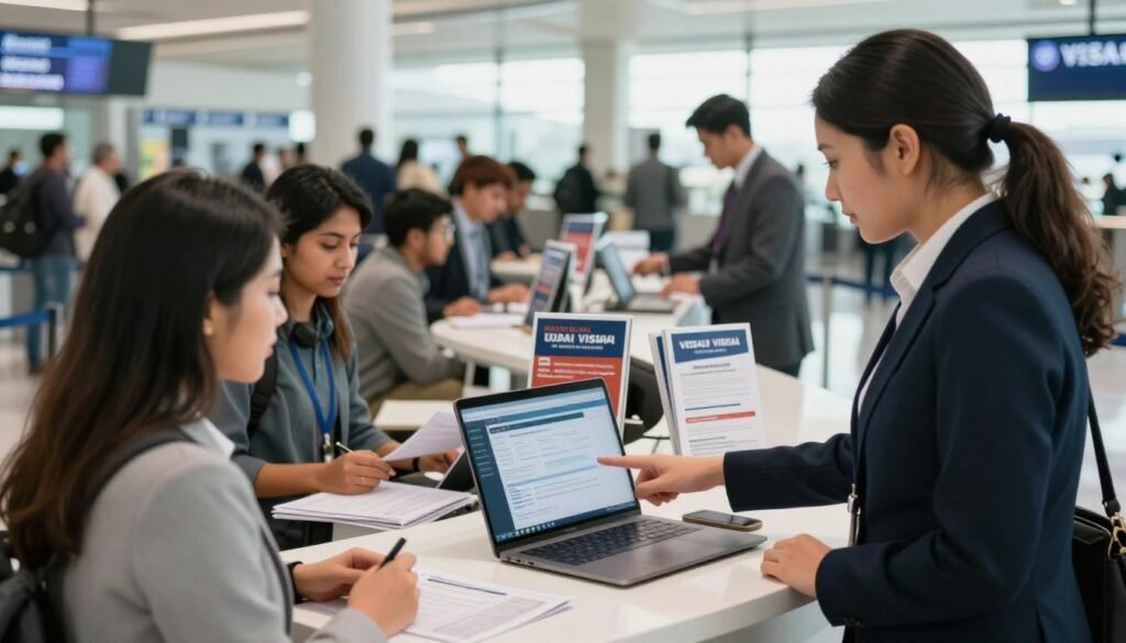 A busy airport scene focusing on airline visa services. In the foreground, a professional travel agent in business attire is assisting a diverse group of travelers, pointing at a laptop displaying visa application forms. The middle layer features a bright, welcoming airline service desk with brochures and posters about Dubai visas, creating a sense of urgency and excitement about travel. In the background, passengers are seen checking in, with airline staff assisting them. Soft, natural lighting illuminates the scene, creating a warm atmosphere. The viewpoint is slightly angled from the side, adding depth to the composition and drawing the viewer into the busy environment of visa services. Overall, the image conveys professionalism and the importance of seamless travel assistance. A busy airport scene focusing on airline visa services. In the foreground, a professional travel agent in business attire is assisting a diverse group of travelers, pointing at a laptop displaying visa application forms. The middle layer features a bright, welcoming airline service desk with brochures and posters about Dubai visas, creating a sense of urgency and excitement about travel. In the background, passengers are seen checking in, with airline staff assisting them. Soft, natural lighting illuminates the scene, creating a warm atmosphere. The viewpoint is slightly angled from the side, adding depth to the composition and drawing the viewer into the busy environment of visa services. Overall, the image conveys professionalism and the importance of seamless travel assistance.