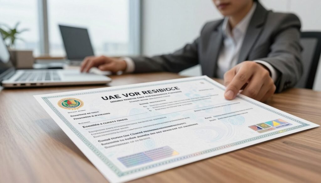 A close-up view of a long-term residence eligibility document, featuring intricate designs and official seals, displayed on a sleek wooden desk. The foreground highlights the document with its embossed emblem, crisp text, and holographic features, symbolizing authenticity. In the middle ground, a business professional wearing modest attire, perhaps a suit or smart casual clothing, examines the document, their focused expression conveying seriousness and diligence. In the background, subtle hints of a bright, modern office with large windows, allowing natural light to fill the room, enhancing the document's importance. The atmosphere is professional and aspirational, suggesting a sense of opportunity and security associated with the UAE Golden Visa Program. A close-up view of a long-term residence eligibility document, featuring intricate designs and official seals, displayed on a sleek wooden desk. The foreground highlights the document with its embossed emblem, crisp text, and holographic features, symbolizing authenticity. In the middle ground, a business professional wearing modest attire, perhaps a suit or smart casual clothing, examines the document, their focused expression conveying seriousness and diligence. In the background, subtle hints of a bright, modern office with large windows, allowing natural light to fill the room, enhancing the document's importance. The atmosphere is professional and aspirational, suggesting a sense of opportunity and security associated with the UAE Golden Visa Program.