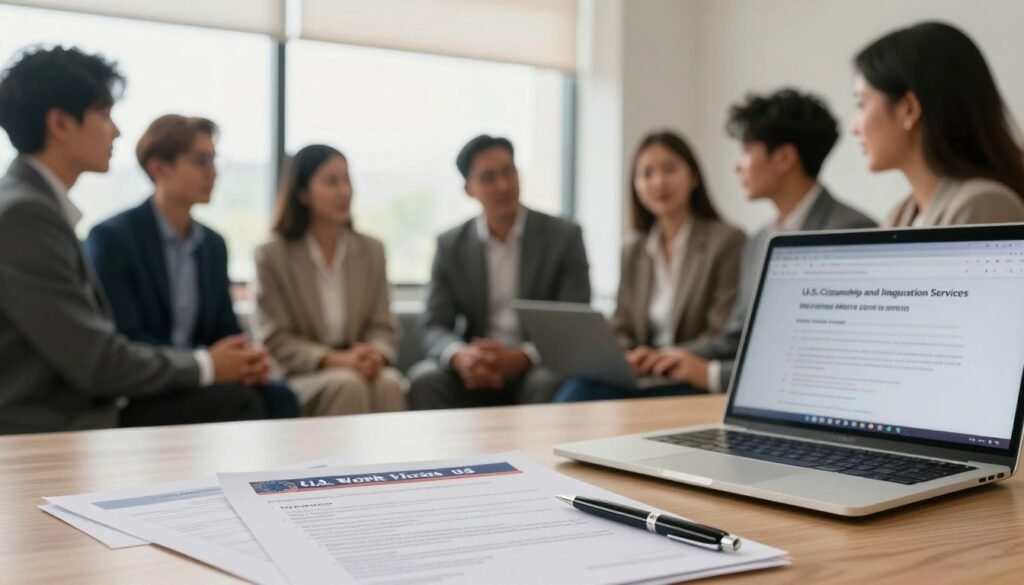 A close-up view of a professional workspace dedicated to U.S. work visas for skilled workers. In the foreground, a neatly organized desk features official visa documents, a laptop displaying the U.S. Citizenship and Immigration Services website, and a professional pen. In the middle ground, a diverse group of individuals in professional business attire engage in discussion, portraying different ethnic backgrounds and genders, symbolizing collaboration and diversity in the workplace. The background shows a large window with soft, natural light streaming in, filtered through blinds, casting gentle shadows. The atmosphere is focused and optimistic, reflecting the hope and determination of skilled workers pursuing their careers in the U.S. The overall color scheme is warm and inviting, with a slight blur to emphasize the foreground elements. A close-up view of a professional workspace dedicated to U.S. work visas for skilled workers. In the foreground, a neatly organized desk features official visa documents, a laptop displaying the U.S. Citizenship and Immigration Services website, and a professional pen. In the middle ground, a diverse group of individuals in professional business attire engage in discussion, portraying different ethnic backgrounds and genders, symbolizing collaboration and diversity in the workplace. The background shows a large window with soft, natural light streaming in, filtered through blinds, casting gentle shadows. The atmosphere is focused and optimistic, reflecting the hope and determination of skilled workers pursuing their careers in the U.S. The overall color scheme is warm and inviting, with a slight blur to emphasize the foreground elements.