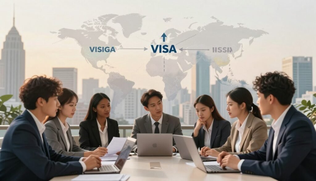 A conceptual illustration depicting the impact of visa policies on self-employment growth. In the foreground, a diverse group of professionals in smart business attire, representing different ethnicities and genders, engage in a discussion over a table filled with laptops and documents. In the middle ground, a transparent map of the world displaying visa regulations with illustrated arrows representing movement and connection. The background shows a modern city skyline symbolizing opportunity and growth, with a warm golden light suggesting optimism and progress. The scene captures a collaborative atmosphere, highlighting the significance of visa policies in facilitating self-employment. The angle is slightly elevated, providing a clear view of interactions, and the lighting is soft and inviting, instilling a sense of hope for aspiring entrepreneurs. A conceptual illustration depicting the impact of visa policies on self-employment growth. In the foreground, a diverse group of professionals in smart business attire, representing different ethnicities and genders, engage in a discussion over a table filled with laptops and documents. In the middle ground, a transparent map of the world displaying visa regulations with illustrated arrows representing movement and connection. The background shows a modern city skyline symbolizing opportunity and growth, with a warm golden light suggesting optimism and progress. The scene captures a collaborative atmosphere, highlighting the significance of visa policies in facilitating self-employment. The angle is slightly elevated, providing a clear view of interactions, and the lighting is soft and inviting, instilling a sense of hope for aspiring entrepreneurs.