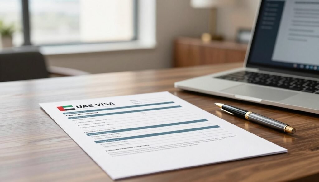 A detailed UAE visa application form displayed prominently on a sleek wooden desk. In the foreground, the form is neatly arranged with sections clearly visible, showcasing fields for personal information, passport details, and visa type. To the side, a stylish pen and a modern laptop are present, suggesting an online application process. In the middle ground, a blurred background features an elegant office setting with soft lighting through a large window, casting a warm glow that enhances the professional atmosphere. The mood is focused and efficient, emphasizing clarity and ease in the application steps. A subtle depth of field technique is applied to highlight the form, creating a polished and inviting visual. A detailed UAE visa application form displayed prominently on a sleek wooden desk. In the foreground, the form is neatly arranged with sections clearly visible, showcasing fields for personal information, passport details, and visa type. To the side, a stylish pen and a modern laptop are present, suggesting an online application process. In the middle ground, a blurred background features an elegant office setting with soft lighting through a large window, casting a warm glow that enhances the professional atmosphere. The mood is focused and efficient, emphasizing clarity and ease in the application steps. A subtle depth of field technique is applied to highlight the form, creating a polished and inviting visual.