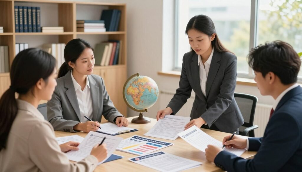 A detailed and informative illustration of the naturalization application process, set in a modern office environment. In the foreground, a diverse group of three individuals—an immigrant filling out forms, a helpful attorney assisting them, and an official reviewing documents—are engaged in conversation, dressed in professional business attire. In the middle ground, a table is covered with application forms, a globe, and informational brochures about US citizenship. The background features shelves filled with books on immigration law and citizenship, along with a window showing a bright, sunny day outside, symbolizing hope and opportunity. The lighting is warm and inviting, with a soft focus effect enhancing the sense of community and professionalism. The atmosphere conveys determination, support, and the promise of new beginnings. A detailed and informative illustration of the naturalization application process, set in a modern office environment. In the foreground, a diverse group of three individuals—an immigrant filling out forms, a helpful attorney assisting them, and an official reviewing documents—are engaged in conversation, dressed in professional business attire. In the middle ground, a table is covered with application forms, a globe, and informational brochures about US citizenship. The background features shelves filled with books on immigration law and citizenship, along with a window showing a bright, sunny day outside, symbolizing hope and opportunity. The lighting is warm and inviting, with a soft focus effect enhancing the sense of community and professionalism. The atmosphere conveys determination, support, and the promise of new beginnings.