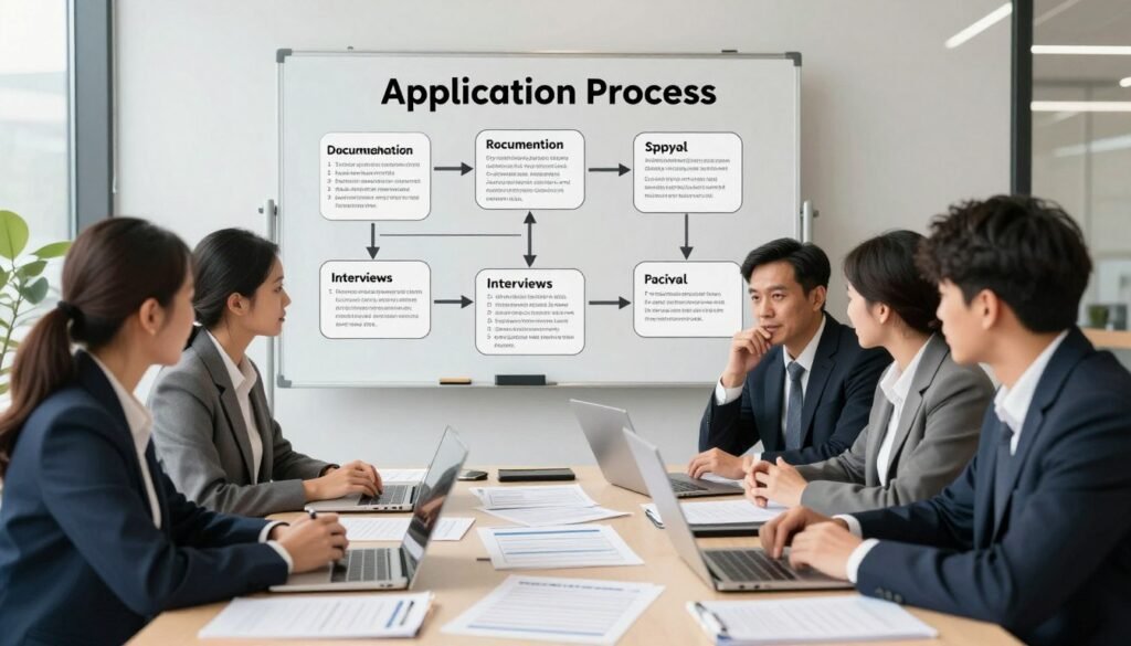 A detailed and informative illustration representing the temporary work visa application process. In the foreground, a diverse group of professionals in business attire are engaged in a discussion around a large table filled with application forms, laptops, and documents. The middle layer features a whiteboard with a step-by-step flowchart outlining the application steps, including requirements like documentation, interviews, and approvals. In the background, there's a serene office setting with large windows letting in soft, natural light, creating an inviting atmosphere. The angle captures the interaction among the professionals, highlighting collaboration and focus. The overall mood is organized and proactive, emphasizing the importance of clarity in the visa application process. A detailed and informative illustration representing the temporary work visa application process. In the foreground, a diverse group of professionals in business attire are engaged in a discussion around a large table filled with application forms, laptops, and documents. The middle layer features a whiteboard with a step-by-step flowchart outlining the application steps, including requirements like documentation, interviews, and approvals. In the background, there's a serene office setting with large windows letting in soft, natural light, creating an inviting atmosphere. The angle captures the interaction among the professionals, highlighting collaboration and focus. The overall mood is organized and proactive, emphasizing the importance of clarity in the visa application process.
