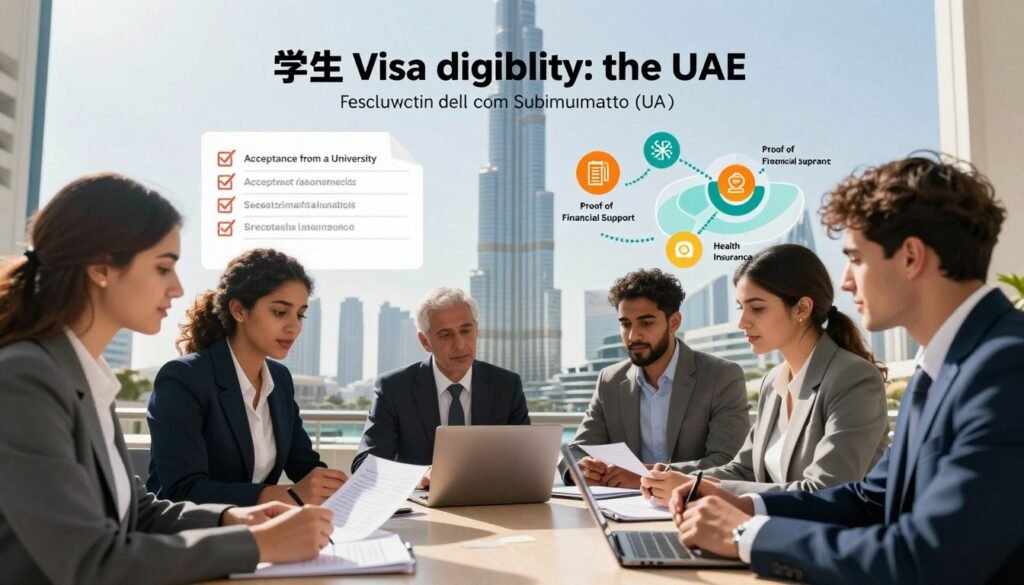 A detailed illustration of the key requirements for student visa eligibility in the UAE. In the foreground, a diverse group of young adults, dressed in professional business attire, are engaging in a discussion around a table filled with documents and a laptop, highlighting focus and determination. In the middle ground, visual elements like a checklist and an animated infographic displaying key points such as "Acceptance from a University," "Proof of Financial Support," and "Health Insurance" are prominently featured. The background showcases iconic UAE landmarks, such as the Burj Khalifa, under bright, natural daylight, creating an inspiring atmosphere of opportunity and ambition. The composition is well-lit, with soft shadows to enhance depth, captured from a slightly elevated angle to provide a comprehensive view of the scene. A detailed illustration of the key requirements for student visa eligibility in the UAE. In the foreground, a diverse group of young adults, dressed in professional business attire, are engaging in a discussion around a table filled with documents and a laptop, highlighting focus and determination. In the middle ground, visual elements like a checklist and an animated infographic displaying key points such as "Acceptance from a University," "Proof of Financial Support," and "Health Insurance" are prominently featured. The background showcases iconic UAE landmarks, such as the Burj Khalifa, under bright, natural daylight, creating an inspiring atmosphere of opportunity and ambition. The composition is well-lit, with soft shadows to enhance depth, captured from a slightly elevated angle to provide a comprehensive view of the scene.