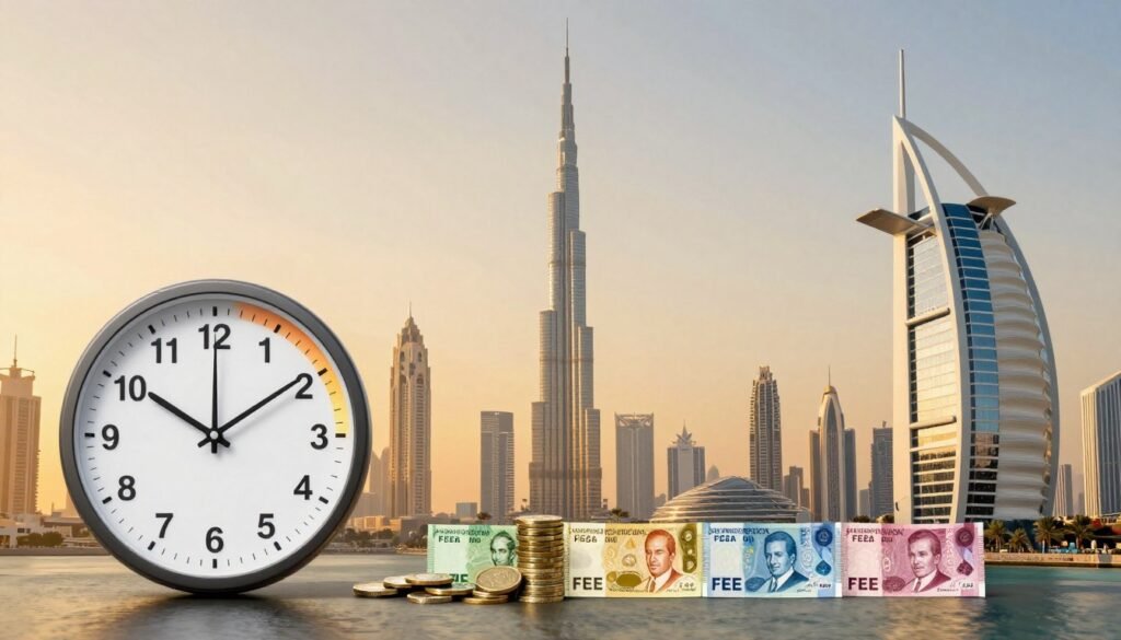 A detailed infographic-style image showcasing the Dubai visa processing time and fees. In the foreground, a large, visually striking clock with various visa types illustrated around it, each segmented by color, indicating different processing times. In the middle, an array of coins and currency notes representative of the fees for each visa type, artistically arranged to symbolize financial aspects. The background features the iconic skyline of Dubai, including landmarks like the Burj Khalifa and the Burj Al Arab, bathed in warm, golden sunset lighting, enhancing the vibrant atmosphere. The overall mood should convey professionalism and clarity, ideal for an informative article about visa requirements. The composition should be clean and organized, without any text or watermarks. A detailed infographic-style image showcasing the Dubai visa processing time and fees. In the foreground, a large, visually striking clock with various visa types illustrated around it, each segmented by color, indicating different processing times. In the middle, an array of coins and currency notes representative of the fees for each visa type, artistically arranged to symbolize financial aspects. The background features the iconic skyline of Dubai, including landmarks like the Burj Khalifa and the Burj Al Arab, bathed in warm, golden sunset lighting, enhancing the vibrant atmosphere. The overall mood should convey professionalism and clarity, ideal for an informative article about visa requirements. The composition should be clean and organized, without any text or watermarks.
