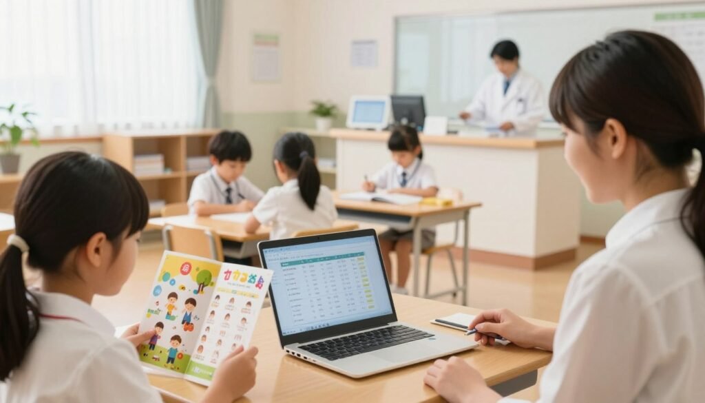 A detailed scene showcasing the juxtaposition of education and healthcare expenses in Japan. In the foreground, a family examines a colorful children’s education brochure near a childcare center, with a laptop displaying school fees. The middle section features a vibrant classroom with children engaged in learning, while in the background, a modern hospital building represents healthcare. Soft, natural lighting illuminates the scene, giving a warm, inviting feel. The angle is from a slight elevation, providing a wide view of the juxtaposed environments. The atmosphere conveys a sense of community, highlighting the importance of both education and healthcare in Japanese life, all depicted in a hopeful tone. A detailed scene showcasing the juxtaposition of education and healthcare expenses in Japan. In the foreground, a family examines a colorful children’s education brochure near a childcare center, with a laptop displaying school fees. The middle section features a vibrant classroom with children engaged in learning, while in the background, a modern hospital building represents healthcare. Soft, natural lighting illuminates the scene, giving a warm, inviting feel. The angle is from a slight elevation, providing a wide view of the juxtaposed environments. The atmosphere conveys a sense of community, highlighting the importance of both education and healthcare in Japanese life, all depicted in a hopeful tone.